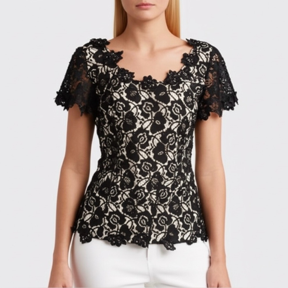 JS Boutique Beaded Floral Lace Black Overlay Tan Nude Illusion Top 8 Evening